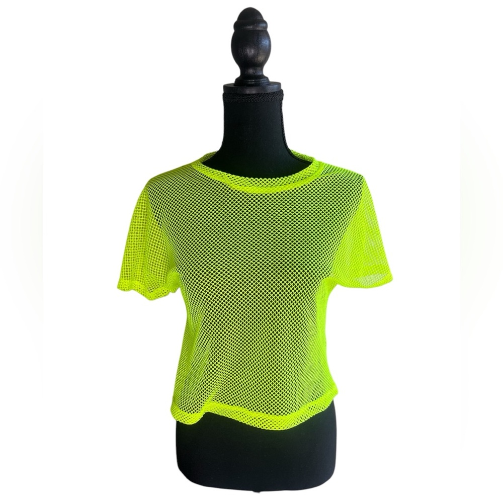 Neon Yellow Mesh Festival Rave Short Sleeve Sheer Top